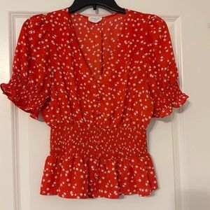 Red floral v-neck short sleeve blouse -Size S